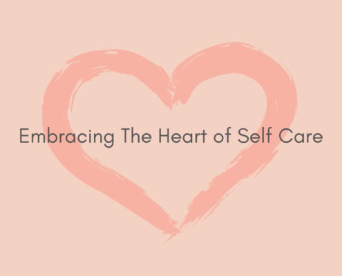 A pink heart on a lighter pink background. In the middle the sentence "Embracing The Heart of Self Care" runs through.